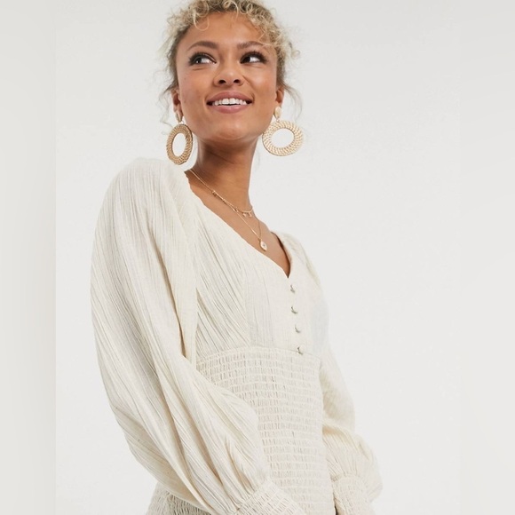 NWT ASOS Stone Smocked Puff Sleeve Peasant Mini Dress 2 - Picture 3 of 12